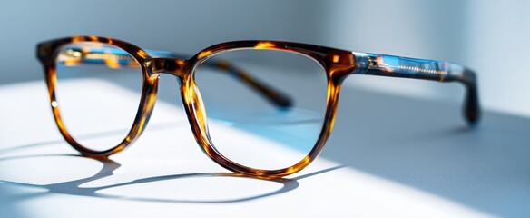 The stylish tortoiseshell glasses casting shadows on a bright surface.