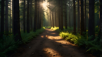 Obraz premium Dirt path between tall trees in dense forest, filtered sunlight creating depth