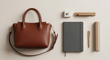 Elegant flat lay of modern leather bag, notebook, and neutral desktop accessories