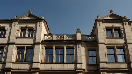 Obraz premium Old building facade with symmetrical windows, front-facing view and clear sky