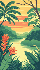 Beautiful Tropical Jungle Landscape with Sunset Sky. Vector illustration