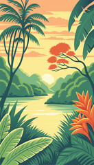 Beautiful Tropical Jungle Landscape with Sunset Sky. Vector illustration
