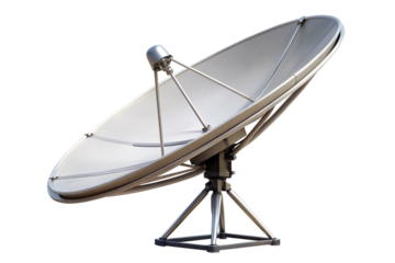 Gray satellite dish with metal stand and receiver on black background isolated on a transparent background