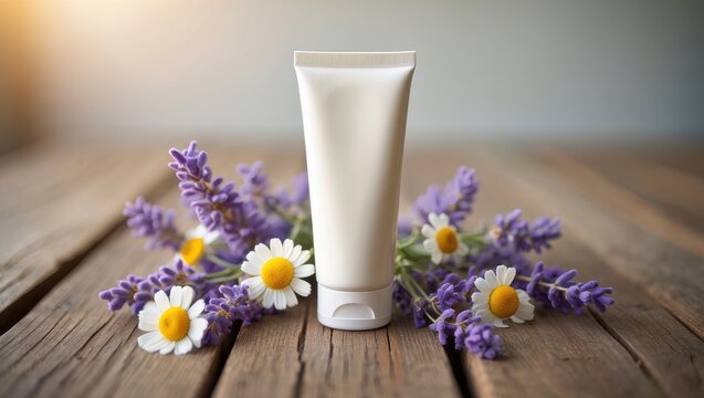 Soothing Lavender & Chamomile Cream Tube Mockup Herbal Skincare Product Packaging Design