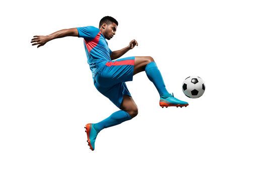 Dynamic Football Player Kicking Ball on Transparent Background