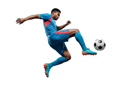Dynamic Football Player Kicking Ball on Transparent Background
