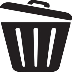 A simple black and white illustration of an open trash can with a handle on the lid icon