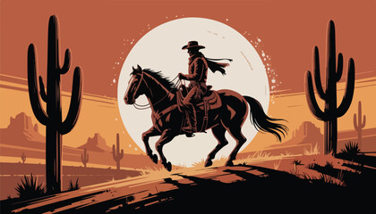 Silhouetted Cowboy on Horseback Against Full Moon – Western Desert Digital Art