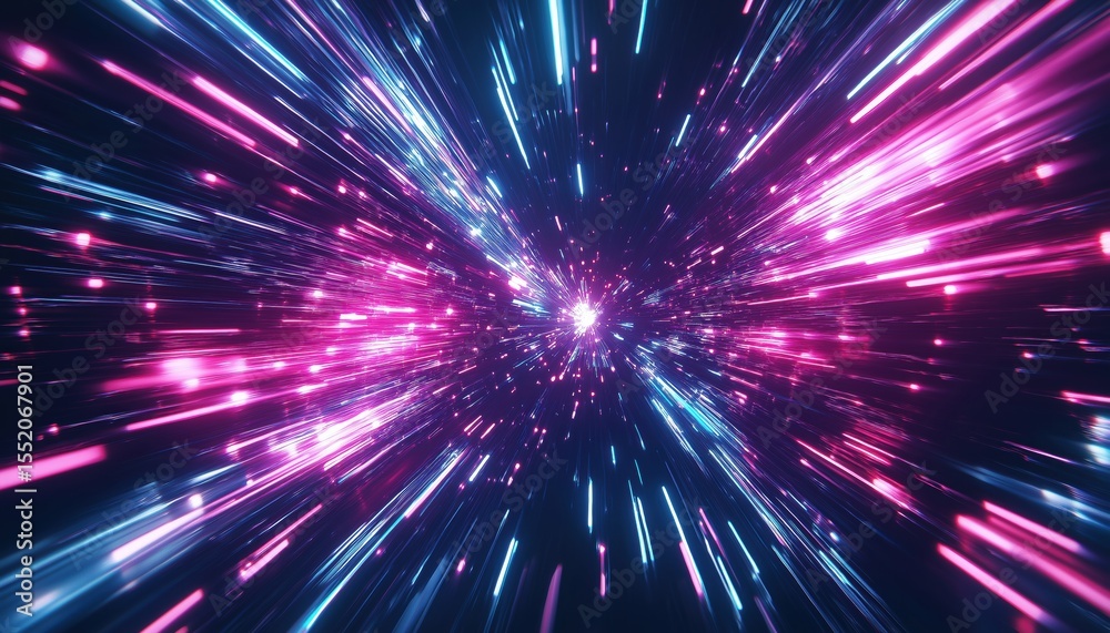 Poster neon glowing rays in motion: hyper speed space travel with futuristic data flow and explosion effect