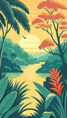 Beautiful Tropical Jungle Landscape with Sunset Sky. Vector illustration