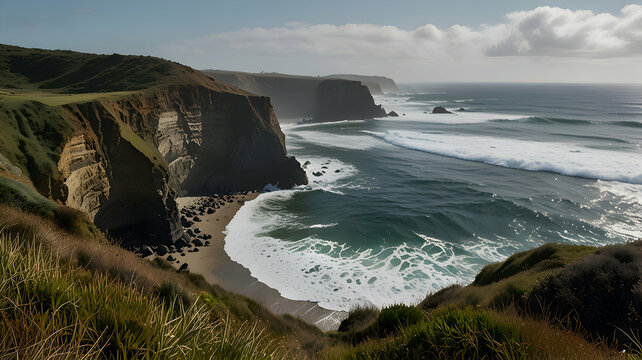  Cliffside by the ocean with low vegetation and waves crashing below 
