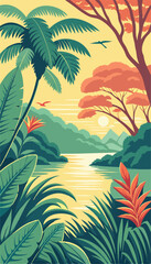Beautiful Tropical Jungle Landscape with Sunset Sky. Vector illustration