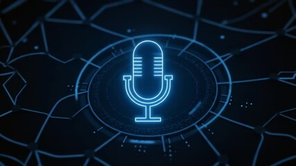 Blue neon microphone icon on abstract digital background  