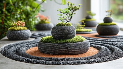 Miniature garden display with decorative stone pots and moss.