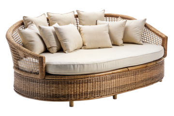 Oval wicker daybed with multiple cream colored cushions on black background isolated on a transparent background