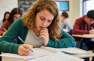 Student struggles with math during school class, eyes showing frustration and confusion while seated at desk with textbook open