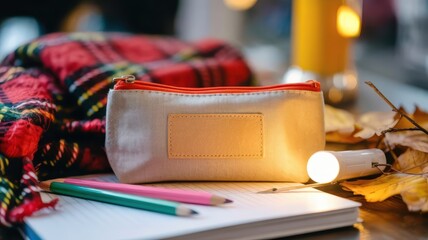 A cozy composition of school supplies: a pencil case, notebook, and pencils, arranged with a plaid scarf and warm bokeh lights. Back to school concept.