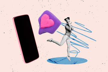 Full trendy sketch image photo collage of happy blogger girl stand phone device heart notification...
