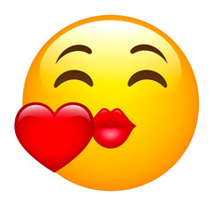 Fototapeta premium Yellow smiley face emoji blowing a kiss with a red heart isolated on transparent background
