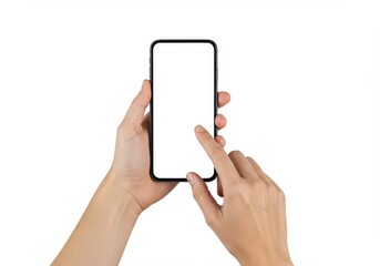 Hands holding and touching a smartphone with blank screen