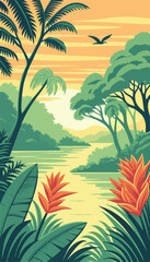 Beautiful Tropical Jungle Landscape with Sunset Sky. Vector illustration