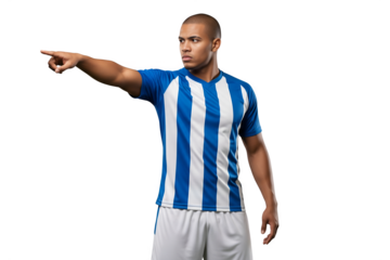 Confident Soccer Player Points the Way to Victory on Transparent Backdrop