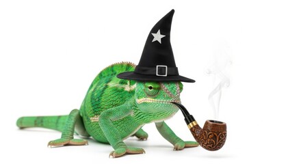 Fototapeta premium A whimsical wizard chameleon wearing a starry hat and smoking a pipe, perfect for fantasy, storybook, or magical-themed designs