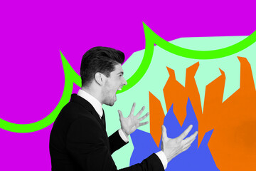 Banner art poster trend collage of minded girl guy stand fire burn doodle deadline pressure...