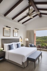 Fototapeta premium Luxurious bedroom with balcony overlooking nature