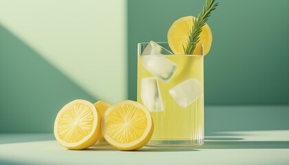 Refreshing Summer Lemonade Or Cocktail With Ice, Rosemary, And Lemon Slices On Pastel Light Green Surface. Fresh, Healthy Cold Lemon Beverage With Lemon-Infused Water.