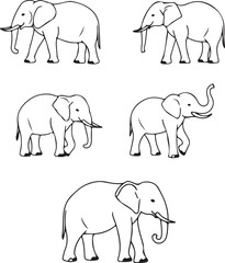Elephant Line Art: Five Detailed Drawings of African Elephants in Various Poses – Perfect for Illustrations, Prints, and Designs