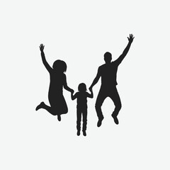 Black silhouette of a happy family of three—man, woman, child—dancing with joy. Symbolizes love, unity, and celebration. Ideal for family, parenting, and lifestyle themes.