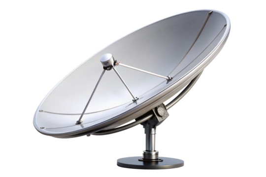 Silver satellite dish antenna with metal stand on a black background A I Generated isolated on a transparent background