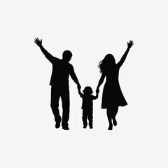 Black silhouette of a happy family of three—man, woman, child—dancing with joy. Symbolizes love, unity, and celebration. Ideal for family, parenting, and lifestyle themes.