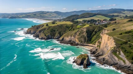 Stunning aerial view of a rugged coastline with turquoise ocean waves crashing against cliffs