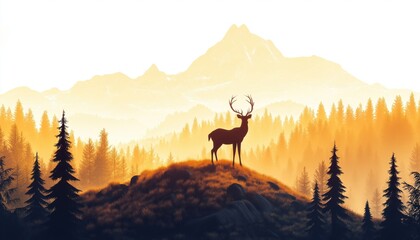 Majestic Silhouette Of Deer And Fawn Standing On Hill In Enchanting Misty Landscape With Forest And Mountains