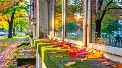 Serene autumn scene: moss - covered building window ledge with vibrant fall leaves, sunlit tree - lined sidewalk, and colorful foliage, capturing the tranquil beauty of the season.