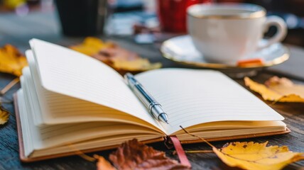 Fototapeta premium A blank notebook with a pen in the middle of the page is open on a table surrounded by autumn leaves and a cup of coffee.