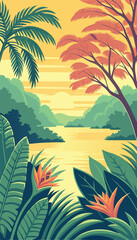 Beautiful Tropical Jungle Landscape with Sunset Sky. Vector illustration
