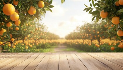 Spacious Wooden Table Surrounded By Orange Trees And Field - Ideal For Showcasing Products In A Montage Display