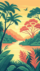 Beautiful Tropical Jungle Landscape with Sunset Sky. Vector illustration