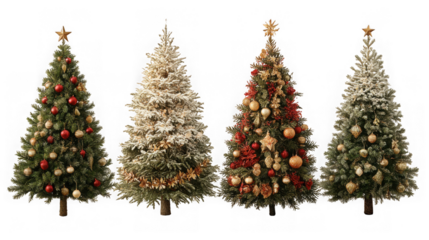 Four decorated christmas trees in various styles isolated on transparent background