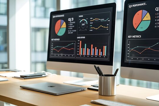 Business analytics data charts graphs on computer screens modern workspace