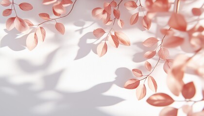Beautiful Abstract Rose Gold Light Bokeh With Natural Leaves Shadow Blurred On Tree Branches Against White Concrete Wall: Nature'S Art