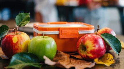 An orange lunch box surrounded by fresh red and green apples and autumn leaves on a wooden table. A healthy school snack concept.
