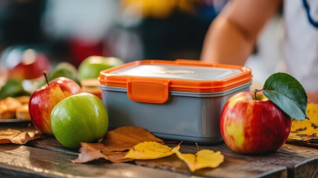 An orange lunch box surrounded by fresh red and green apples and autumn leaves on a wooden table. A healthy school snack concept.