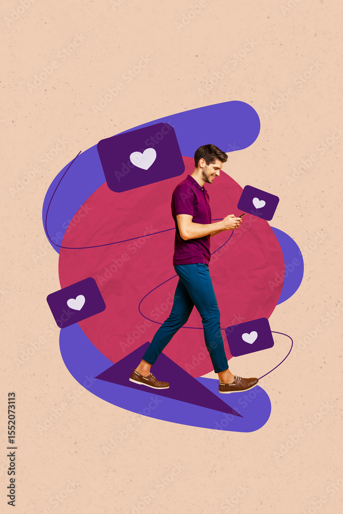 Poster image pop collage of person use gadget stand triangle plane with likes on pastel background