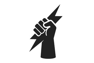 Powerful fist holding lightning bolt icon, symbolizing energy, revolution, electricity, and strength.