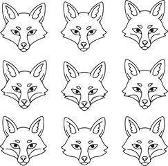 Nine Fox Head Illustrations: Line Art, Animal Portraits, Pixel Art Design