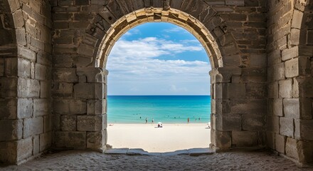 Fototapeta premium View of the beach from an arched doorway isolated on white backgrund.